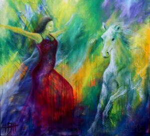 Farverigt maleri af hest og danser. Maleri med lys