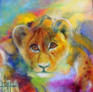 små malerier på træplader løveunge på farverig baggrund