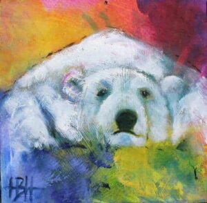 små malerier på træplader liggende isbjørn på farverig baggrund