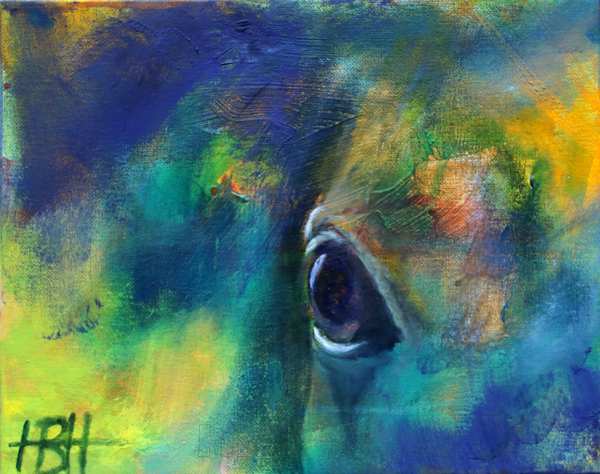 lille maleri af hesteøje i blå og grønne og gule farver