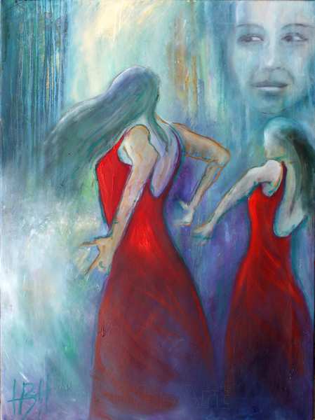Maleri af røde flamencodansere og et ansigt, Baggrunden er blå og violet