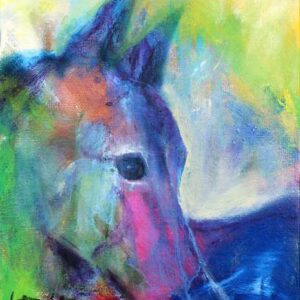 lille maleri af hest i blå, grønne og lilla farver. Hesten kigger ud af maleriet med det ene øje