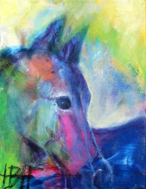 lille maleri af hest i blå, grønne og lilla farver. Hesten kigger ud af maleriet med det ene øje