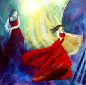 Maleri af dansende kvinder og solen