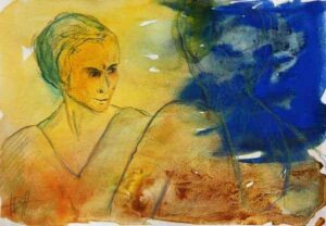 akvarel i blå og gule farver af kvinde, der ser sig i spejlet