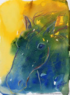 Akvarel af blå hest. Den har hestens rolige og spirituelle udstråling