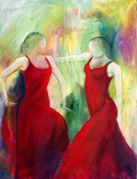 maleri af røde damer der danser flamenco sammen