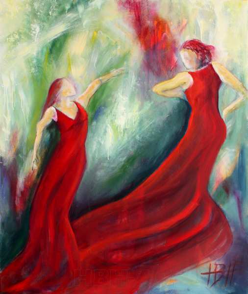 maleri af kvinder i røde kjoler med tungt stof der flyder sammen