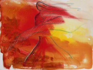 Akvarel i varme farver gul, rød og orange af flamencodanser med sjal