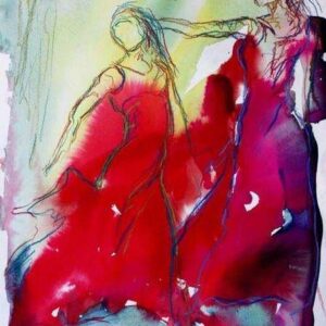 Akvarel i kølige farve - blå og rød med to flamencodansere