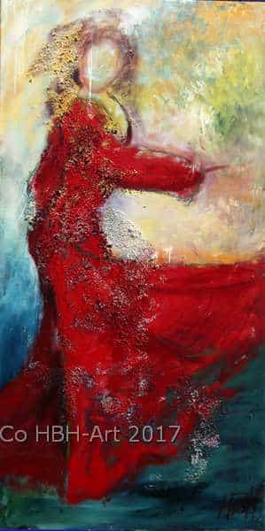 rødt maleri af flamencodanser. Passer på en smal væg