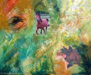Personligt maleri malekursus - maleri med fotos af heste lagt ind i farverig baggrund