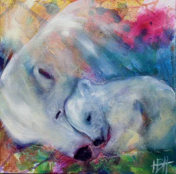 maleri af isbjørn og unge, der ligger sammen og sover