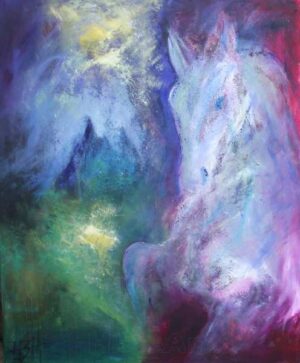 maleri af hest og drømmeslottet i blå og violette farver