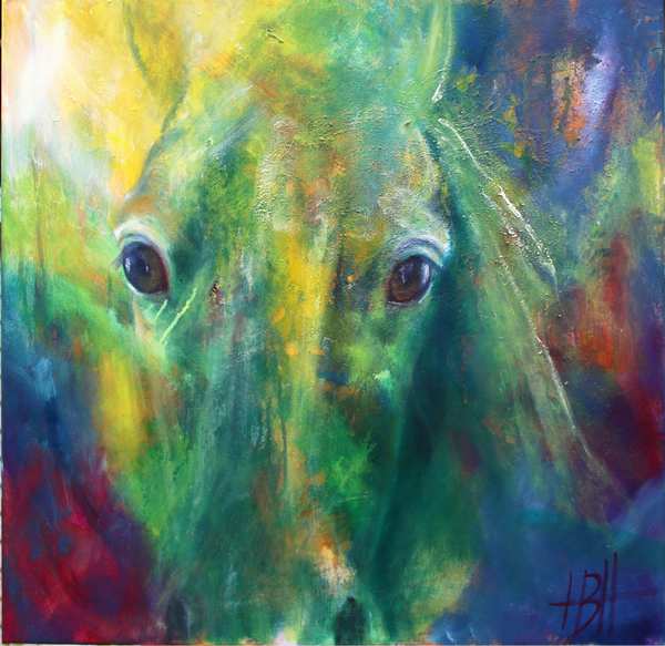 Maleri af hest i blå og grønne farver