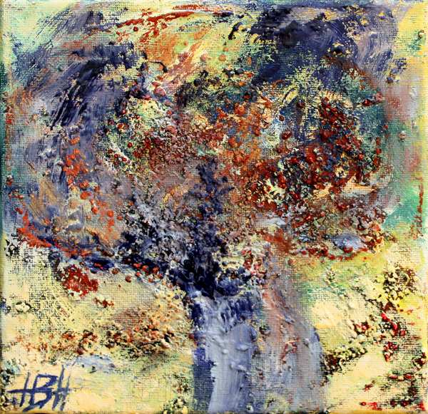 Halv-abstrakt maleri af træ med mange farver og masser af struktur