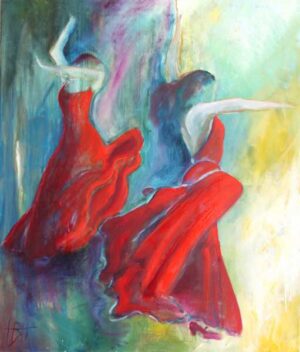 Maleri af kvinder i røde flamencokjoler mod en lys og mørk baggrund