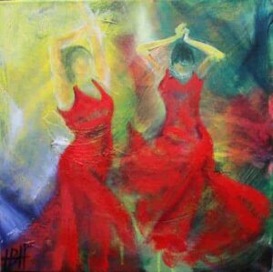 Udbrydere kunstkort - kunstkort 15 X 15 cm med print af flamenco dansemaleri af dansere i røde kjoler. Malet i olie på lærred