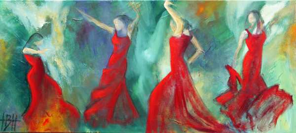 maleri af dansende kvinder i røde kjoler på en farverig abstrakt baggrund