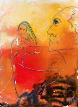 Akvarel på papir af flamencodanser med et ansigt i forgrunden