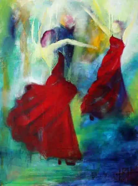 Maleri af to dansere dansere i røde kjoler på en farverig baggrund
