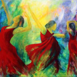 Stort maleri af tre dansere i røde kjoler