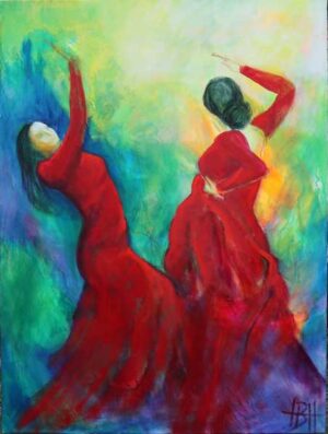 dansemalerier - to flamencodansere i røde kjoler