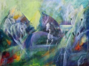 Maleri af heste og fantasilandskab