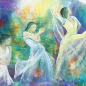 kunstkort 15 X 15 cm med print af flamenco dansemaleri af dansere i hvide kjoler. Malet i olie på lærred