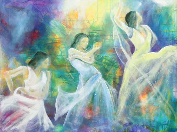 Oliemaleri af hvide flamencodansere - dansemaleri hvor baggrunden skinner igennem de hvide kjoler