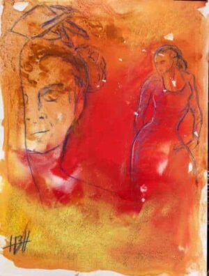 akvarelmaleri på papir af flamencodanser med et kvindeansigt i forgrunden. Malet i varme farver