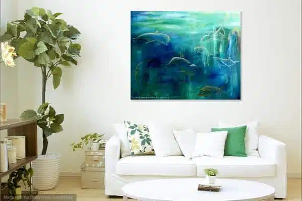 Delfiner i maleri over sofaen dyremalerier