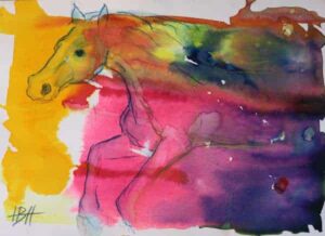 Farverig akvarel af hest i fuld fart