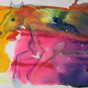 Farverig akvarel af hest i fuld fart