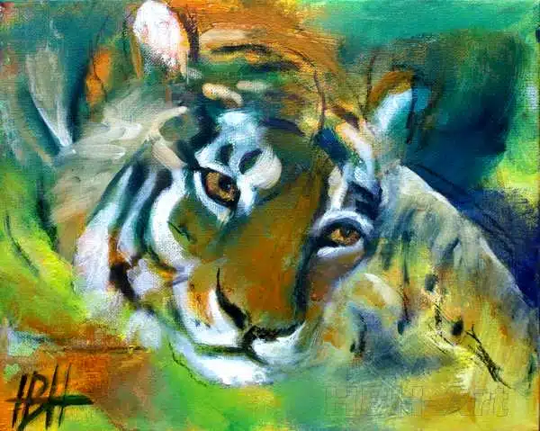 maleri af liggende tiger med hovedet på poten - malerier af dyr