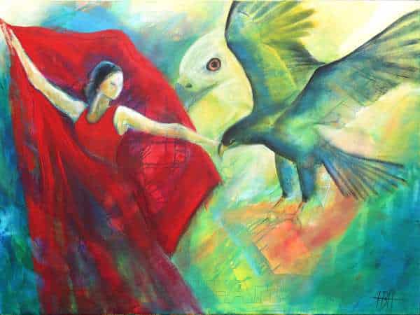 Maleri af ørne og kvinde der svinger kjolen som vinger