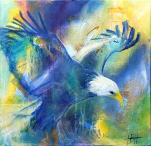 maleri af flyvende ørn i blå farver