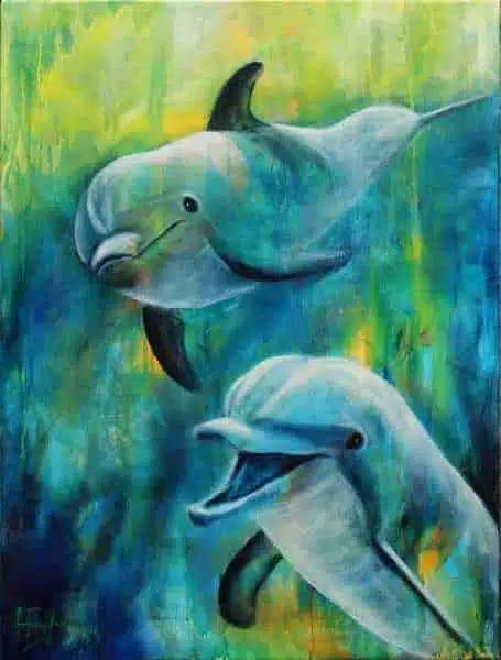 maleri af delfiner under vand i blå og grønne farver