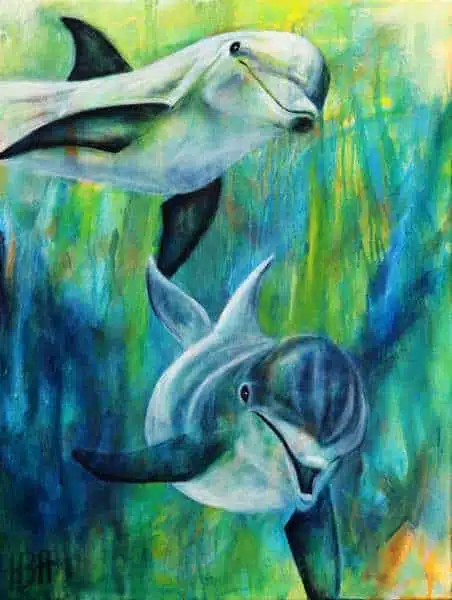 maleri af delfiner under vand i blå og grønne farver  - malerier af dyr