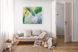 Maleri af kvinder og papegøjer i stuen