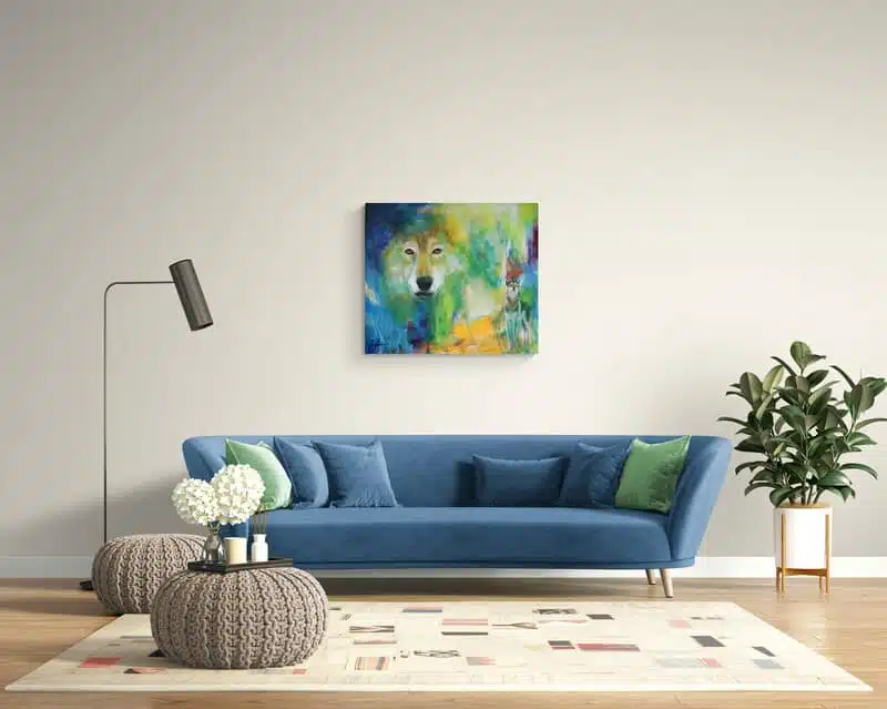 Maleri af ulv i stuen over sofaen - dyremalerier