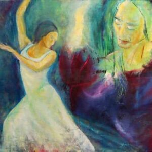 Maleri af danser i hvid kjole og kvinde, der kigger på en blomst