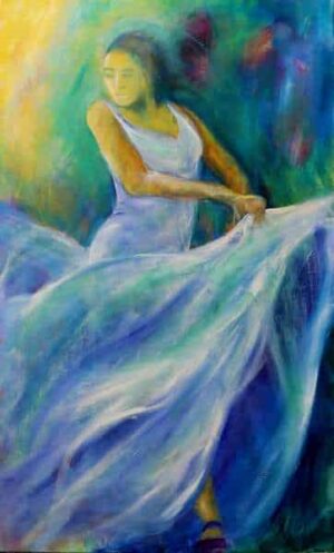 Maleri af flamencodanser i smalt højt format. Danseren er i en lys blå kjole og svinger skørtet omkring sig