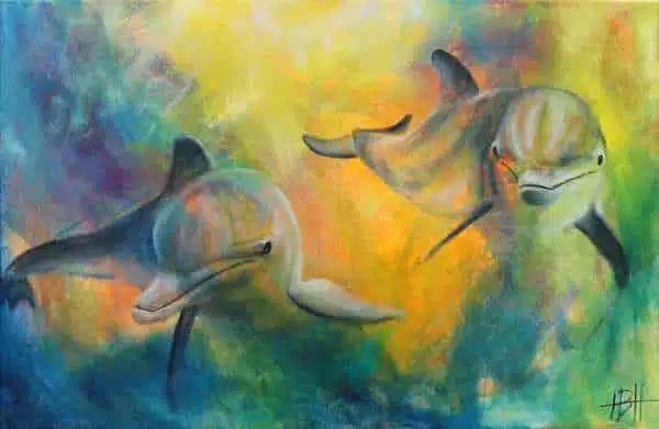Maleri af delfiner under vandet  - malerier af dyr