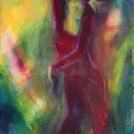 Maleri i violette og bå farver af flamenco danser