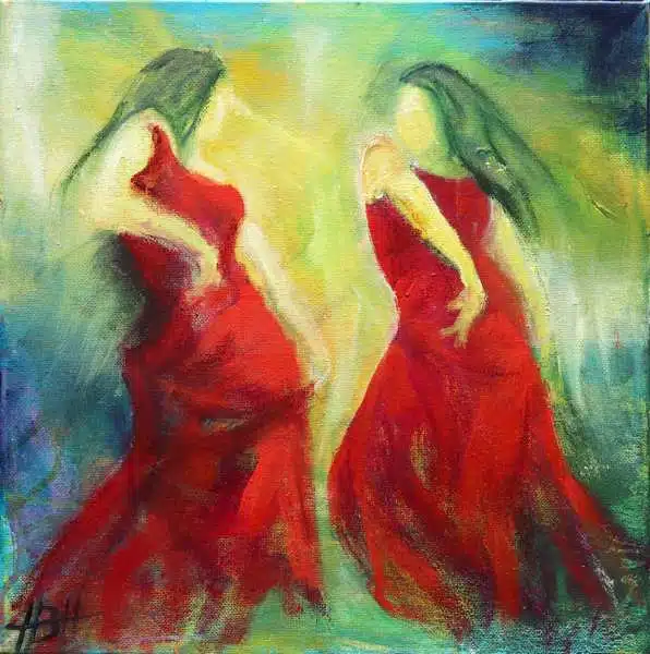 maleri flamenco - to dansere i røde kjoler