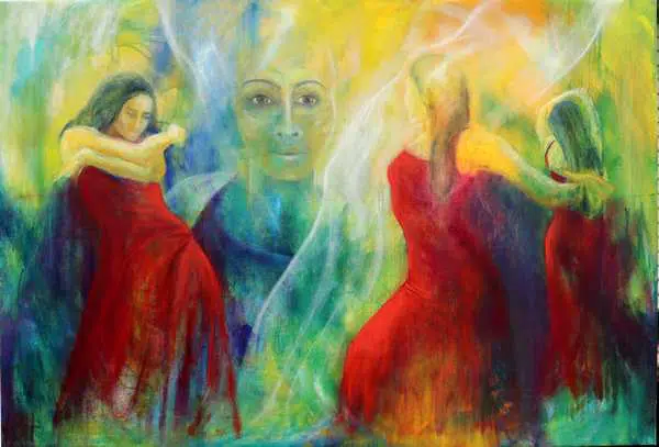maleri af tre flamencodansere i røde kjoler med et ansigt i baggrunden Se alle malerier til salg her