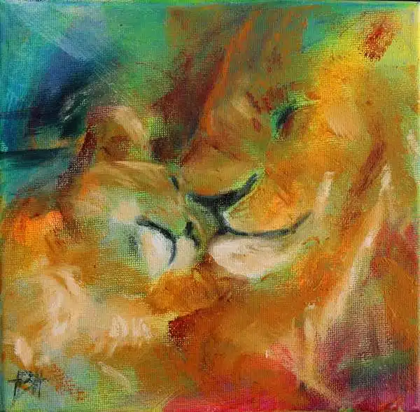 maleri af løve og unge i varme farver