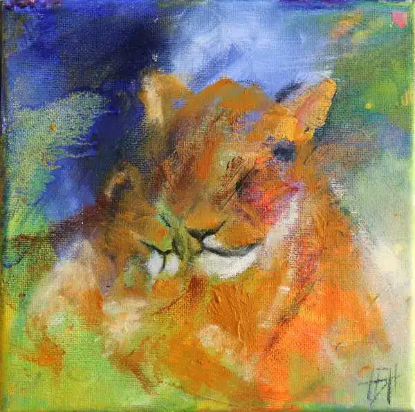 maleri af løve og unge i varme farver