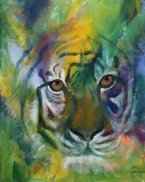 Maleri af tiger der kigger lige på dig. Er det kunst for dig?
